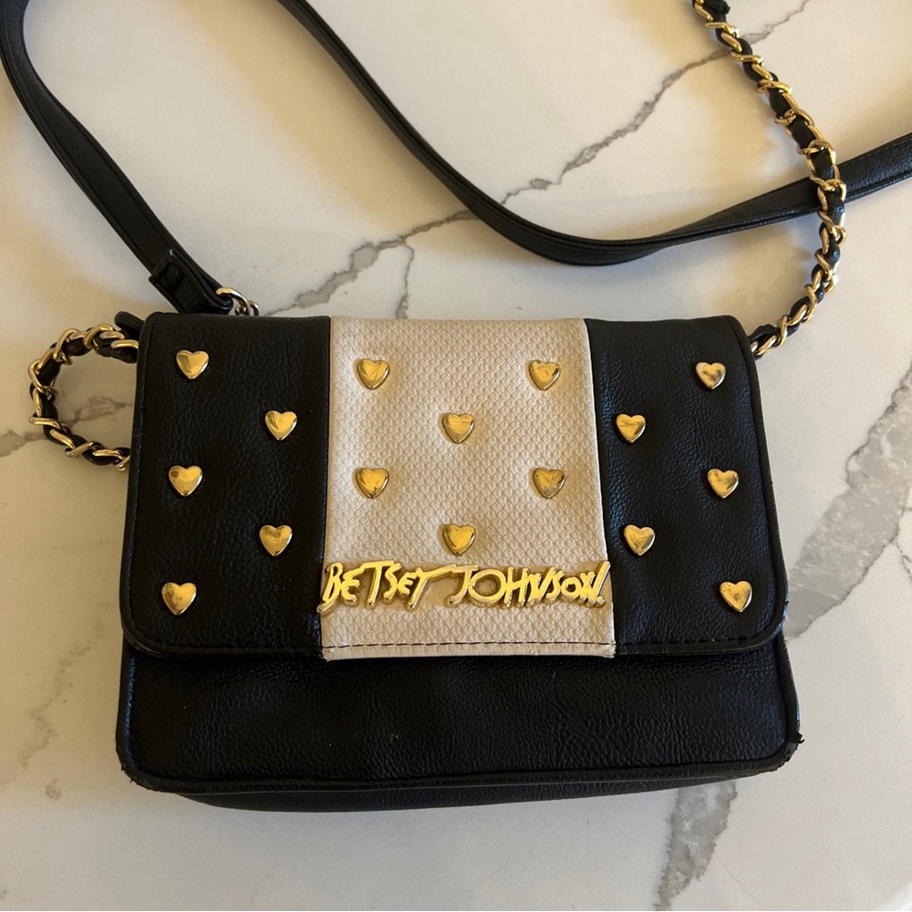 Betsey Johnson, Heart Studded Crossbody Handbag Black And White